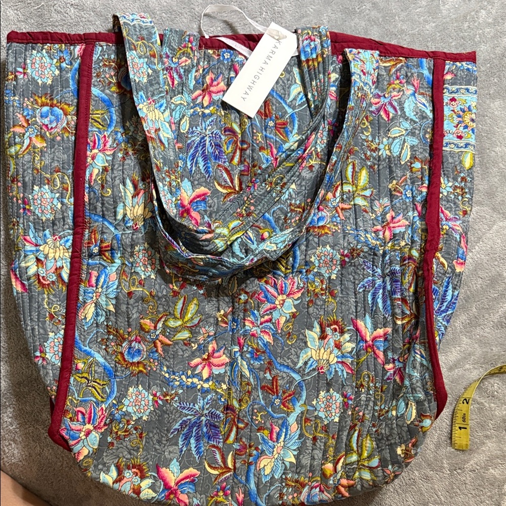 Karma Highway Boho Floral Quilted Tote with Burgundy Trim
